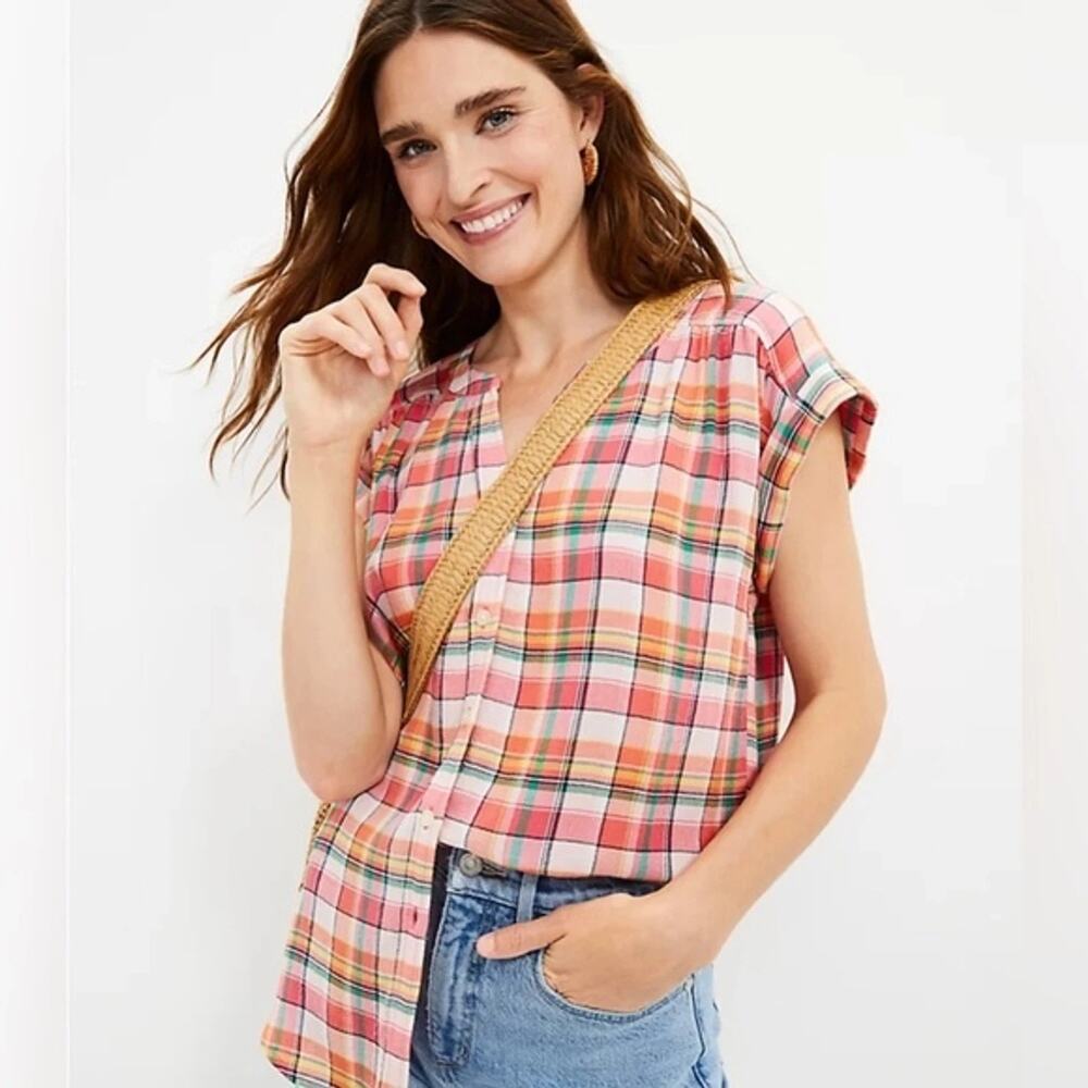 Ann Taylor LOFT Top Small Pink Plaid Textured Dolman Sleeve